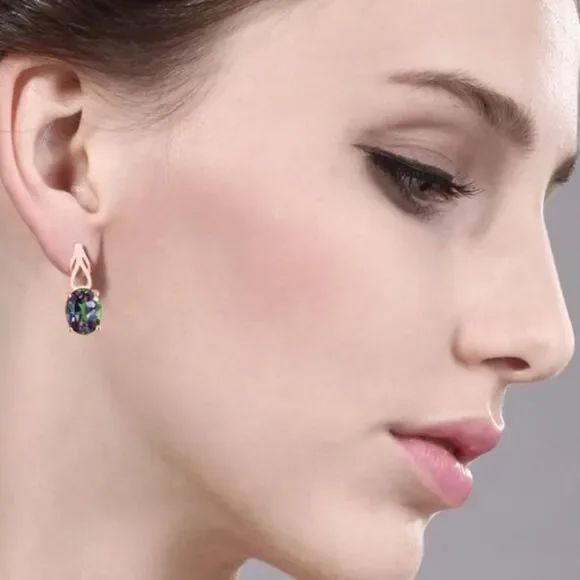 18K Rose Gold 925 with 3.60 Cttw Green Mystic Topaz Oval Post Back Drop Earrings